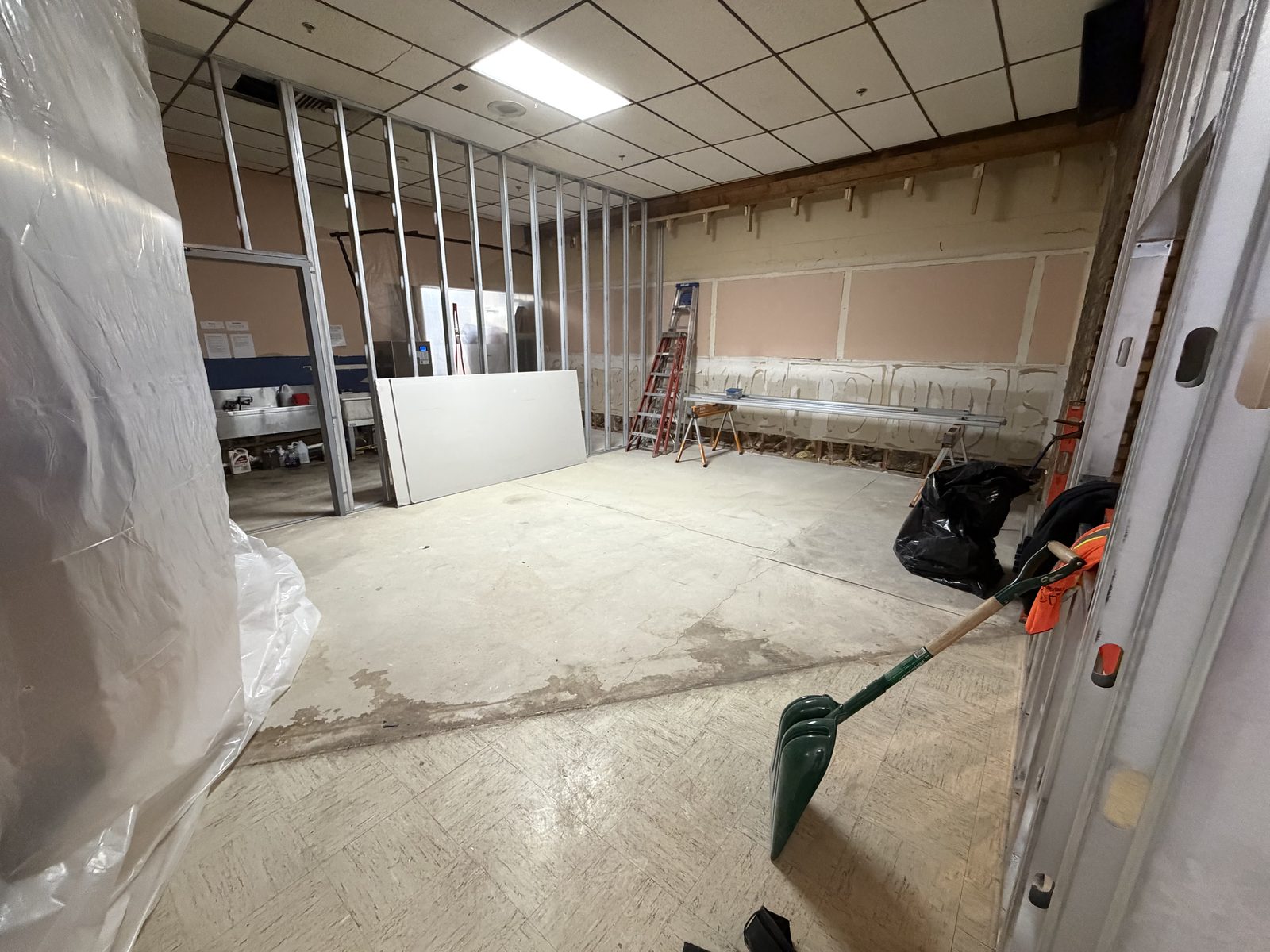 Metal stud framing at the Lynwood Bowl commercial renovation jobsite